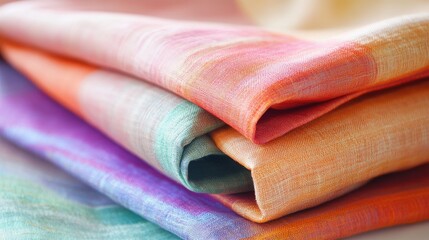 Close-up of a handwoven cotton sari in pastel shades, neatly folded on a light-colored table, no logos or people.