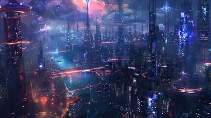 Poster - Futuristic Cityscape with Neon Lights