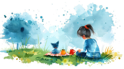 Blue watercolor of little girl and her pet dog having a picnic in park