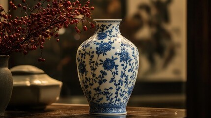 Wall Mural - Blue and White Porcelain Vase with Floral Design