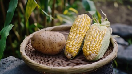 Wall Mural - Fresh Corn and Potato in a Wicker Basket