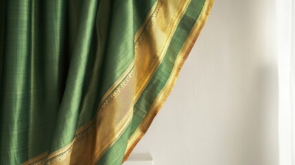 Wall Mural - Close-up of a traditional green silk sari with golden border, draped on a simple white stand, set against a blank wall.