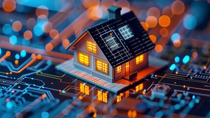 Leinwandbilder - A detailed model house sits on a vibrant circuit board, glowing warmly from its windows. Surrounding colorful LEDs create a futuristic ambiance, symbolizing smart home technology.