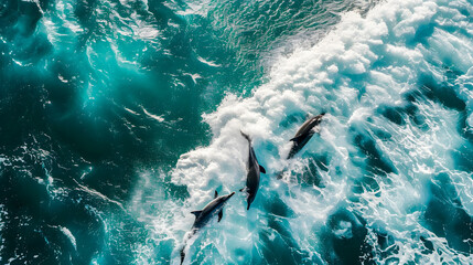 Aerial view Group of dolphins swimming in the ocean with crashing waves, symbolizing the beauty of marine life. Protect animals and the ocean environment. Background marine life