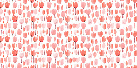 Wall Mural - a seamless light pink tulip pattern on a white background, in a watercolor, hand-drawn style