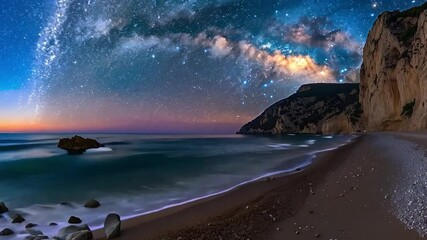 Aufkleber - Stars twinkle brightly above a secluded beach, where gentle waves lap against the shore and rocky cliffs rise majestically under the night sky.