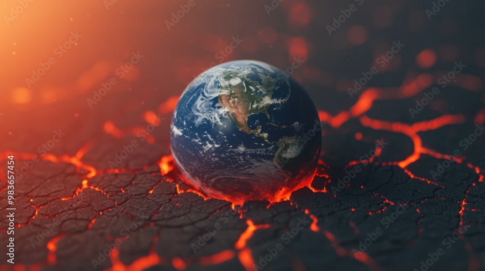 Depiction of global warming with a 3D Earth surrounded by heatwaves and ...