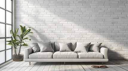 Canvas Print - Minimalist Living Room with White Brick Wall and Sofa