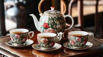 Wall Mural - Floral Tea Set on a Wooden Table