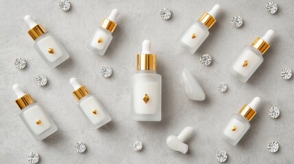 Top view of luxury beauty creams and serums in frosted glass bottles with gold accents surrounded by diamonds