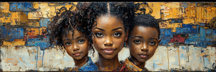 Three young Black children pose against a colorful abstract backdrop.