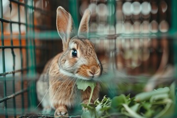 Wall Mural - Domestic rabbit enjoying fresh greenery in a cage under natural light during the day