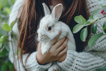 A girl holding a domestic rabbit surrounded by lush greenery in soft natural light during the day