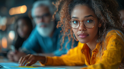 Poster - Young woman wearing glasses leans forward while looking at a document.