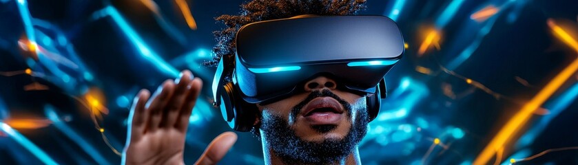 A man engrossed in a captivating virtual reality gaming experience, photorealistic, technology, gaming, high-quality :: VR headset, game controller, immersive world, excitement, adventure, simulation