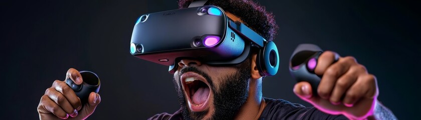 A man engrossed in a captivating virtual reality gaming experience, photorealistic, technology, gaming, high-quality :: VR headset, game controller, immersive world, excitement, adventure, simulation