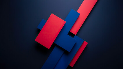 Red and blue textured geometric shapes on a dark background, Three dimensional red and blue geometric pattern, Abstract geometric background with copy space