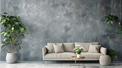 Poster - Minimalist Living Room with Concrete Wall and Plants