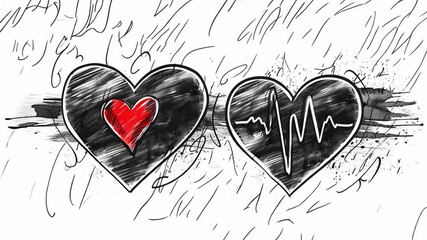 Poster - A vibrant illustration depicts two hearts side by side. One heart is filled with red color symbolizing love, while the second shows a heartbeat pattern, highlighting lifes connection to emotion.