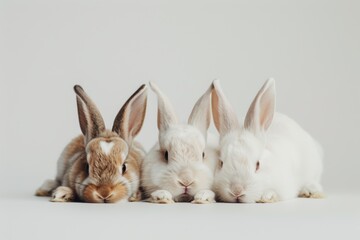 Wall Mural - Three domestic rabbits resting comfortably on a soft white background in a minimalist studio setting