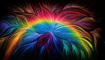 Wall Mural - Rainbow lights like neon on black background Minimalist floral pattern, Zen lines, abstract 