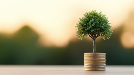 A tree growing from a stack of coins, concept of sustainable investments and wealth generation over time