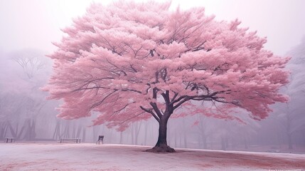 Poster - Pink Tree in Foggy Landscape