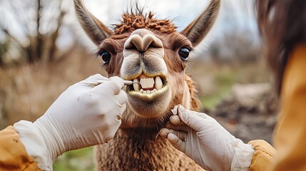 A veterinarian examining the teeth of a llama