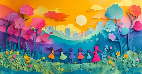 Colorful Paper Art Scene of Children Holding Hands in Nature