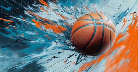 Dynamic Basketball Explosion in Vibrant Colors with Abstract Background