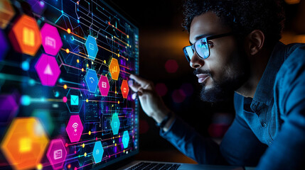 Man in glasses analyzing data on a computer screen.