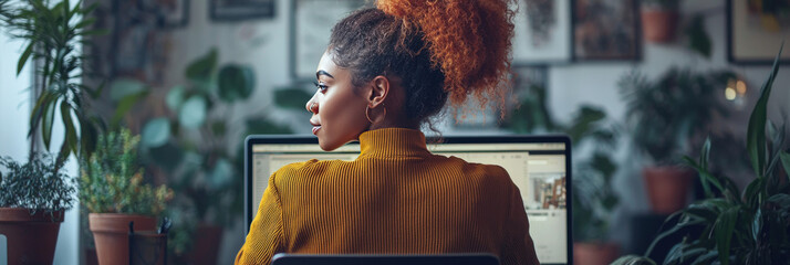 Poster - Woman in a yellow sweater sits at a computer looking away.