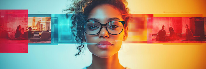 Canvas Print - A young woman wearing glasses looks directly at the camera.