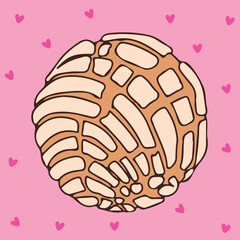 Concha traditional Mexican sweet bread Cute illustration of a white concha with hearts