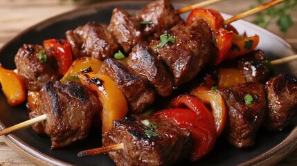 Close-up of a tender beef shish kebab with roasted peppers, plated on a simple wooden background.