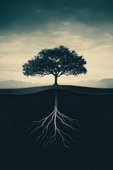 Wall Mural - Wisdom mindset depicted by a tree with deep roots and expansive branches