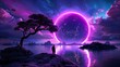 © A4719 - Silhouette of a Man Contemplating a Purple Planet Under a Starry Sky