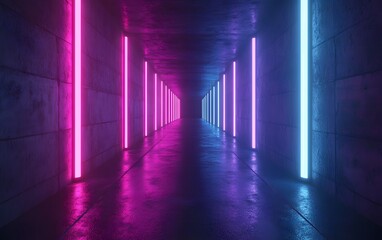 Wall Mural - 3d render, abstract futuristic background with neon glowing lines in a tunnel shape on purple and te