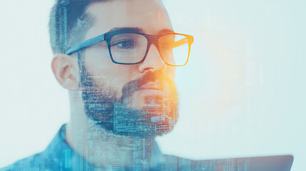 Poster - A young man in glasses looks thoughtfully into the distance, his face overlaid with an image of a city.