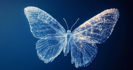 Neon Glowing Digital Butterfly with Geometric Network Lines against Dark Blue Background