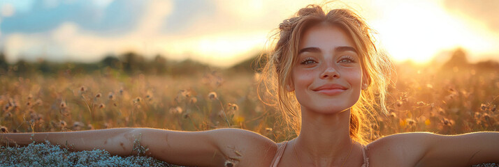 Wall Mural - Young woman smiles in a field of wildflowers at sunset.