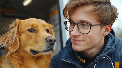 Canvas Print - Young man wearing glasses smiles at his golden retriever.