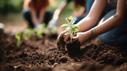 Hands planting seedlings in rich soil, promoting gardening and growth.