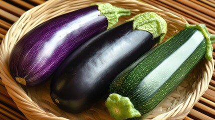 Wall Mural - Purple and Green Eggplants and Zucchini in a Wicker Basket