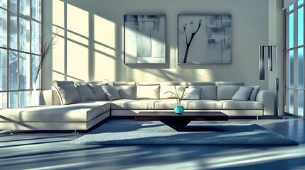 Contemporary living room in cool tones with a large sectional sofa, sleek coffee table, and geometric patterns, hyper-real, high-quality, sharp images, graphic, illustration