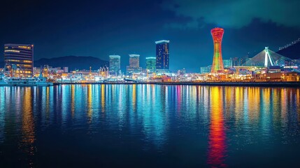 Sticker - Night View of Illuminated Cityscape with Tower and Bridge