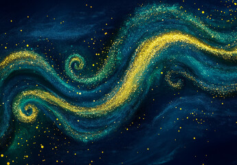 Wall Mural - Gold, blue particles waves. Golden green particle star dust pattern background. Liquid iridescent shiny magic depth of field backdrop. Fantasy night sky with stars for holiday 2025 new year party 