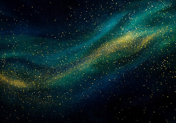 gold, blue particles fluid. golden green particle star dust with defocused background. liquid irides