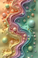 3D abstract background in soft pink, purple, blue, green and mint with tiny spheres of different sizes and shapes.