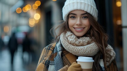 Smiling woman in a winter outfit holding a coffee cup